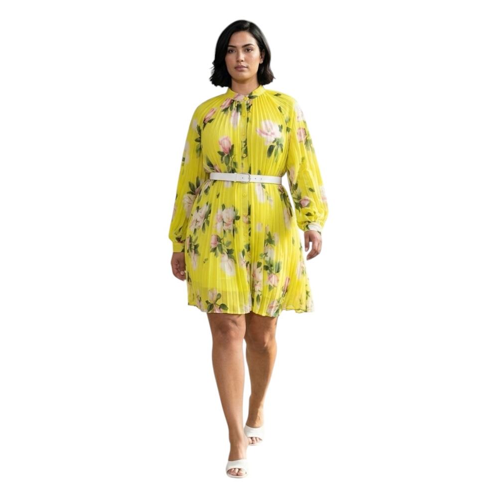 Beulah Style Pleated Floral Long Sleeve Chartreuse Yellow Mini Dress Tunic OS